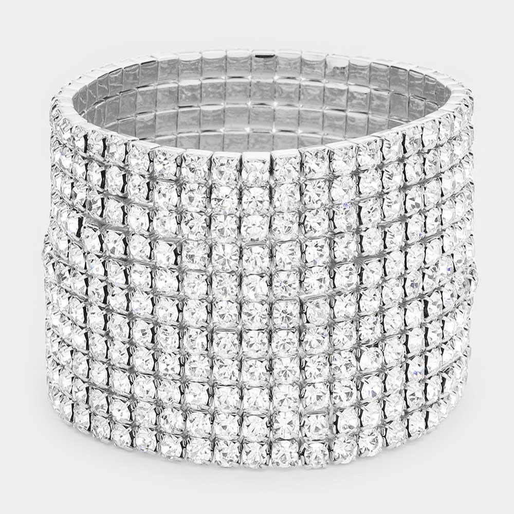 Silver 11Row Crystal Rhinestone Stretchable Bracelet