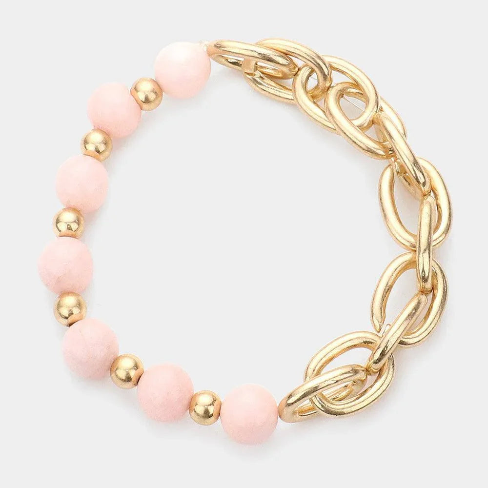 Pink Natural Stone Open Metal Oval Link Stretch Bracelet - Jewelry Store by Erik Rayo