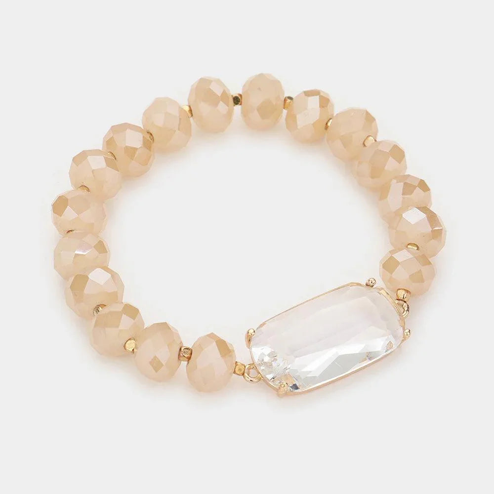 Beige Clear Lucite Accented Faceted Beaded Stretch Bracelet - Jewelry Store by Erik Rayo