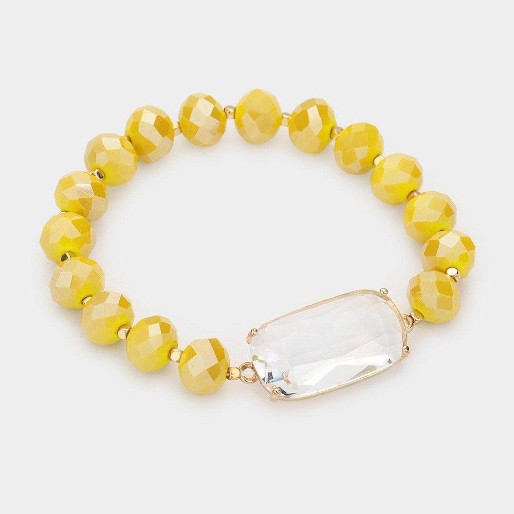 Mustard Clear Lucite Accented Faceted Beaded Stretch Bracelet - Jewelry Store by Erik Rayo