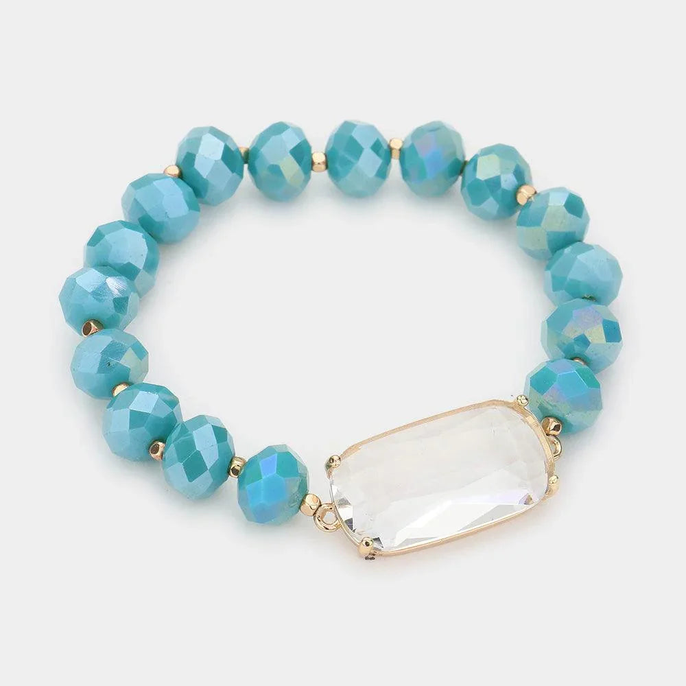 Turquoise Clear Lucite Accented Faceted Beaded Stretch Bracelet - Jewelry Store by Erik Rayo