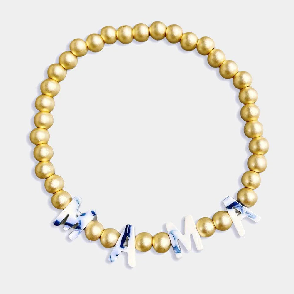 Blue MAMA Celluloid Acetate Message Metal Ball Stretch Bracelet - Jewelry Store by Erik Rayo