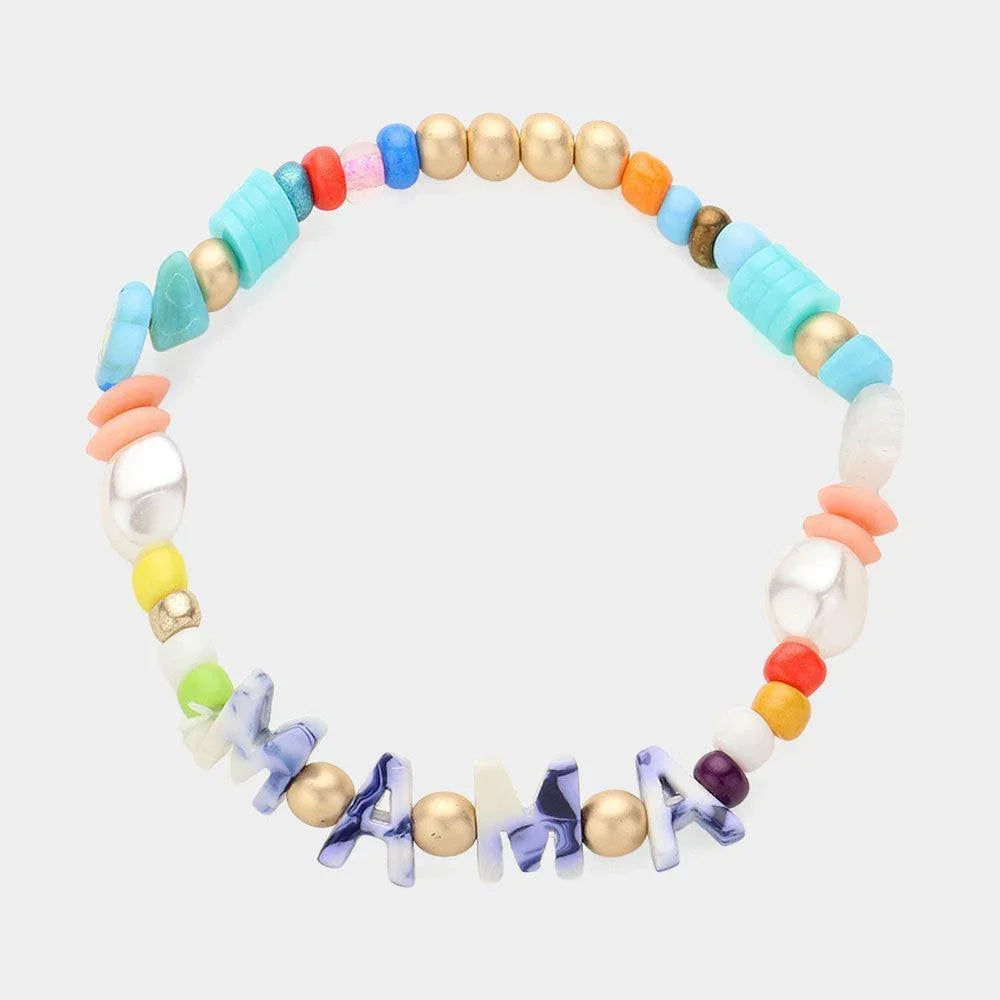 Blue MAMA Celluloid Acetate Message Pearl Multi Beaded Stretch Bracelet - Jewelry Store by Erik Rayo