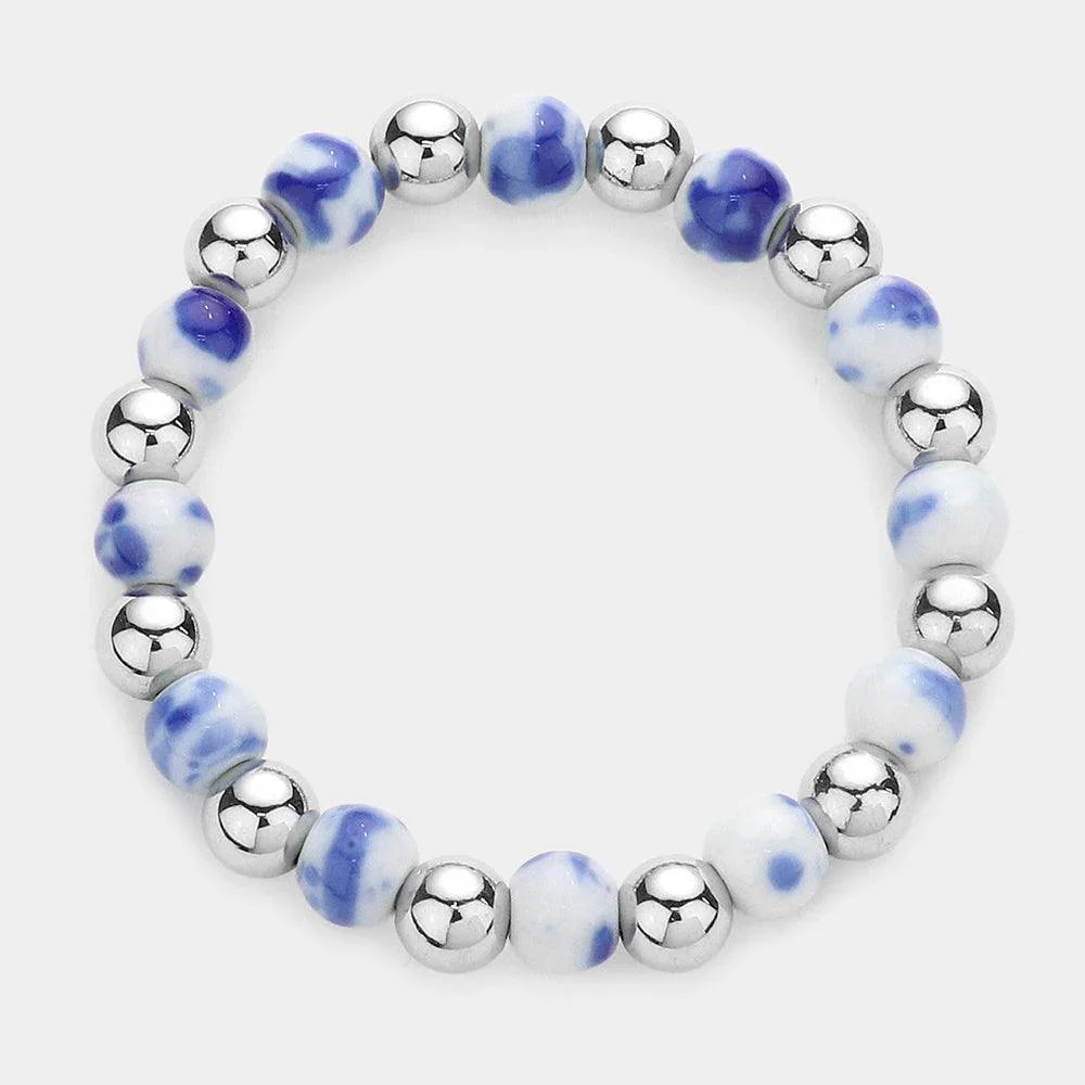 Blue Colored Bead Accented Metal Ball Stretch Bracelet - Jewelry Store by Erik Rayo