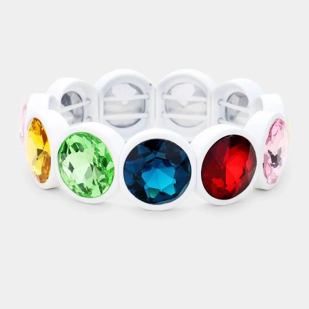 White Crystal Stone Resin Bezel Trim Stretch Bracelet - Jewelry Store by Erik Rayo