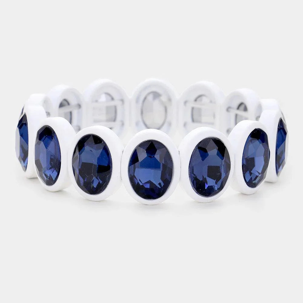 White 
Oval Cut Glass Crystal Resin Bezel Stretch Bracelet - Jewelry Store by Erik Rayo