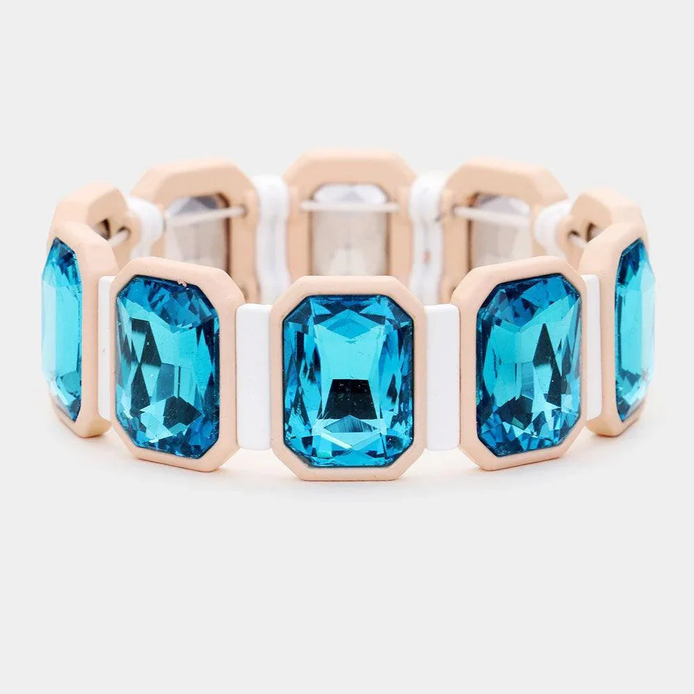 Beige Emerald Cut Glass Crystal Resin Bezel Stretch Bracelet - Jewelry Store by Erik Rayo