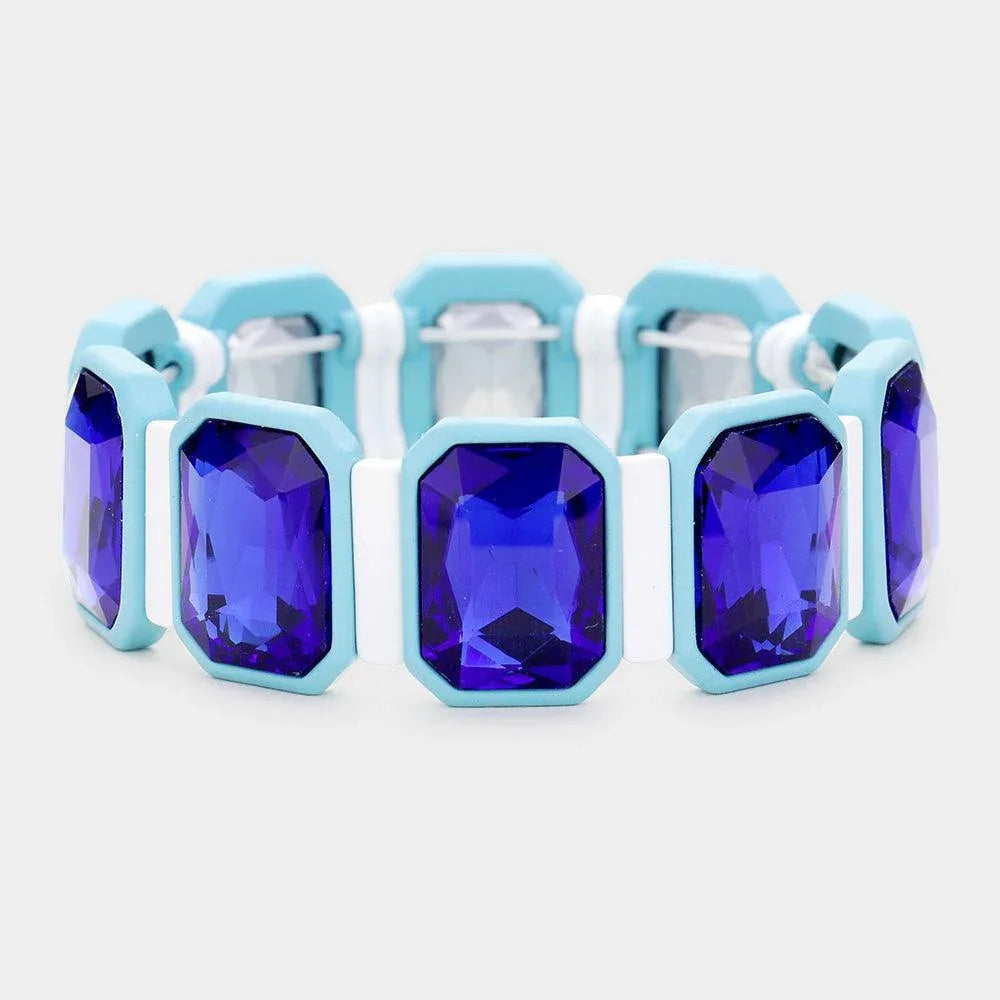Blue Emerald Cut Glass Crystal Resin Bezel Stretch Bracelet - Jewelry Store by Erik Rayo