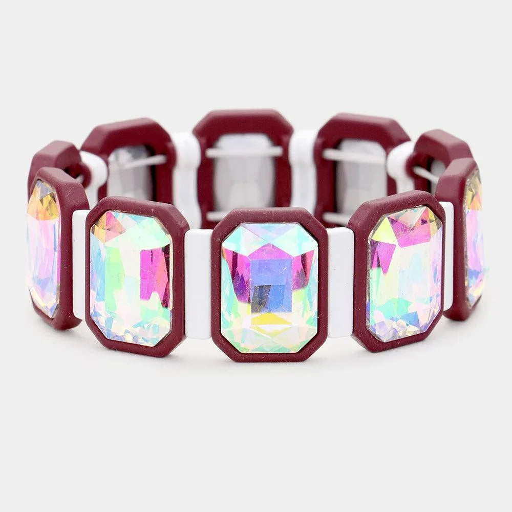 Burgundy Emerald Cut Glass Crystal Resin Bezel Stretch Bracelet - Jewelry Store by Erik Rayo