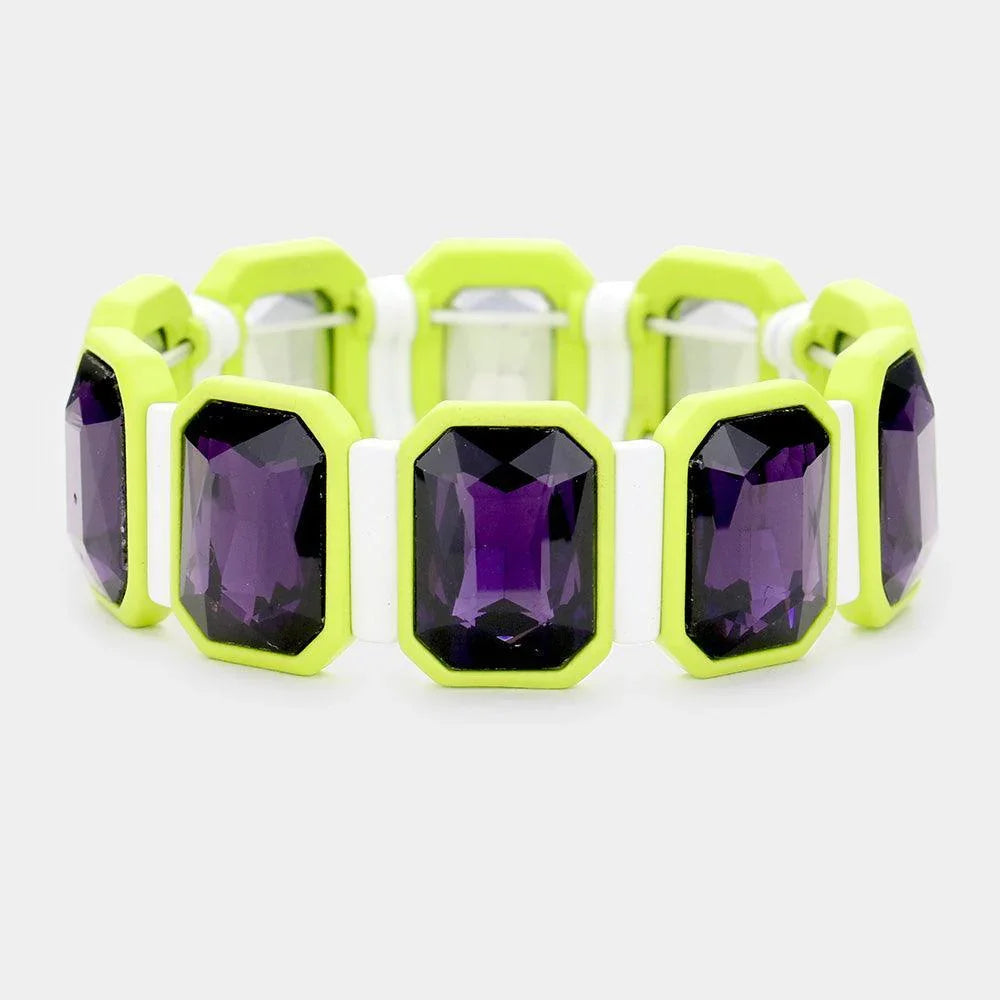 Amethyst Emerald Cut Glass Crystal Resin Bezel Stretch Bracelet - Jewelry Store by Erik Rayo