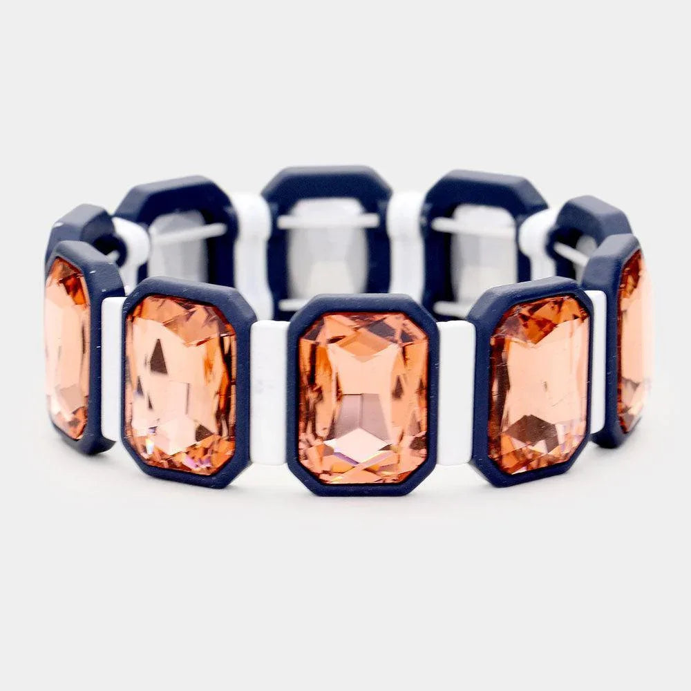 Peach Emerald Cut Glass Crystal Resin Bezel Stretch Bracelet - Jewelry Store by Erik Rayo