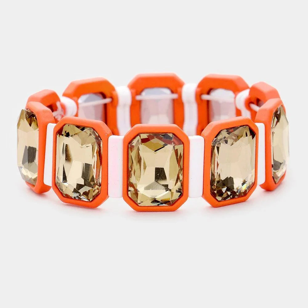 Orange Emerald Cut Glass Crystal Resin Bezel Stretch Bracelet - Jewelry Store by Erik Rayo