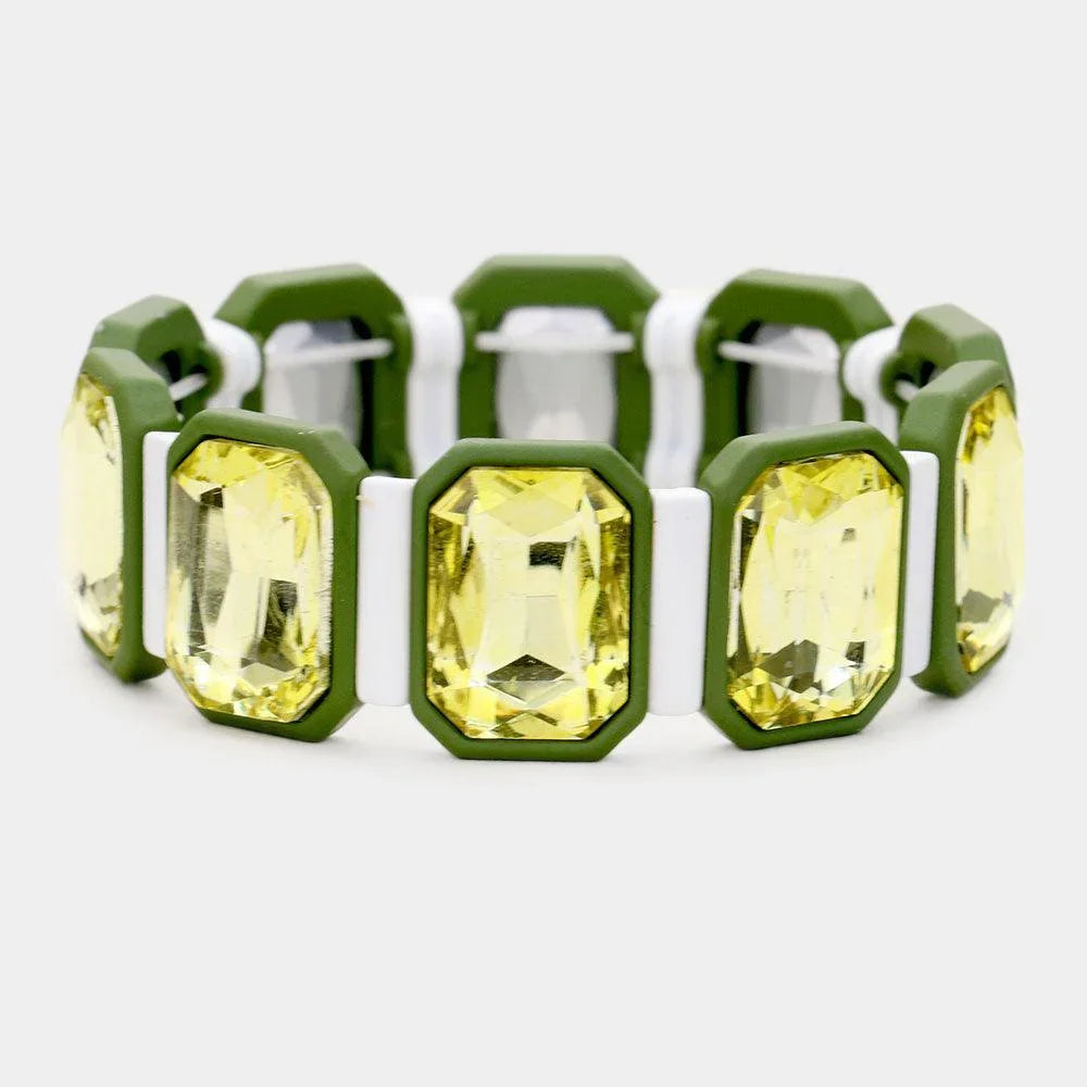 Yellow Emerald Cut Glass Crystal Resin Bezel Stretch Bracelet - Jewelry Store by Erik Rayo