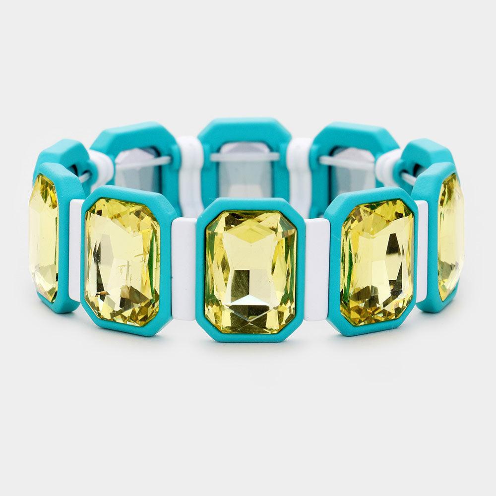 Yellow Emerald Cut Glass Crystal Resin Bezel Stretch Bracelet