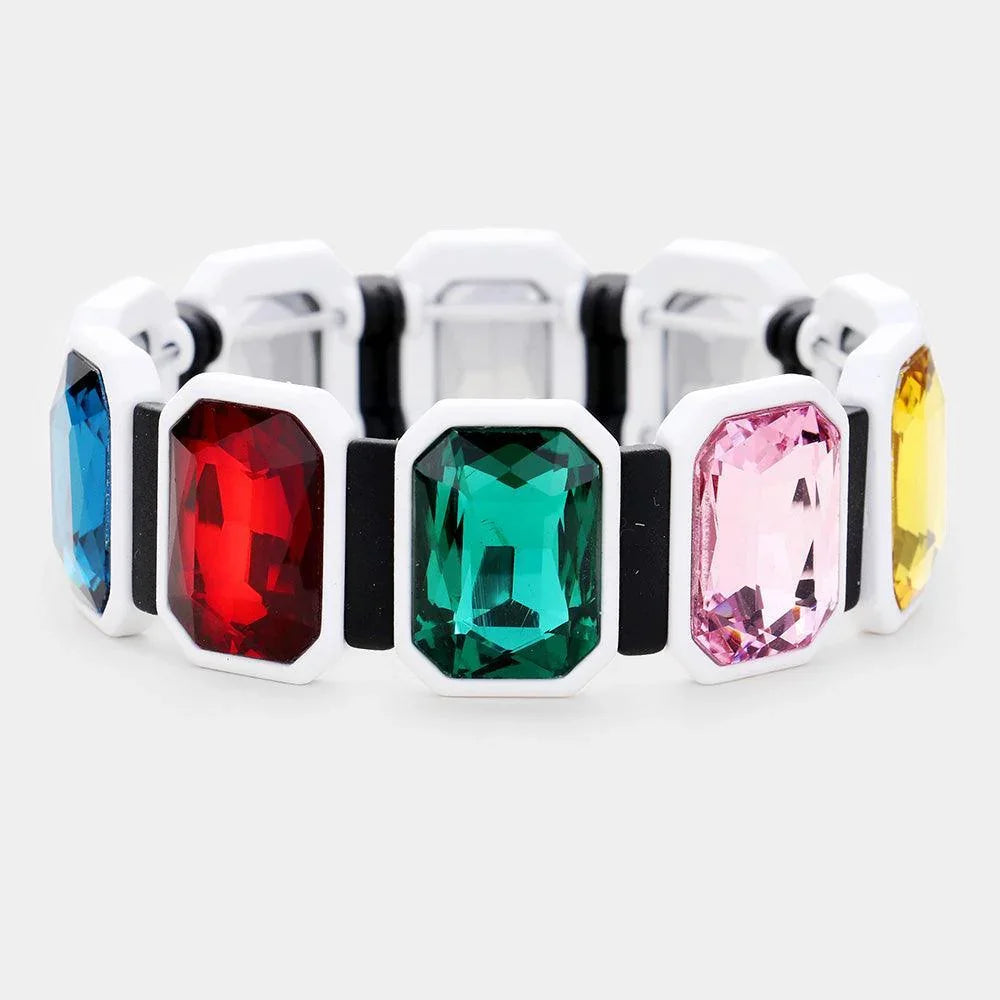 White Emerald Cut Glass Crystal Resin Bezel Stretch Bracelet - Jewelry Store by Erik Rayo