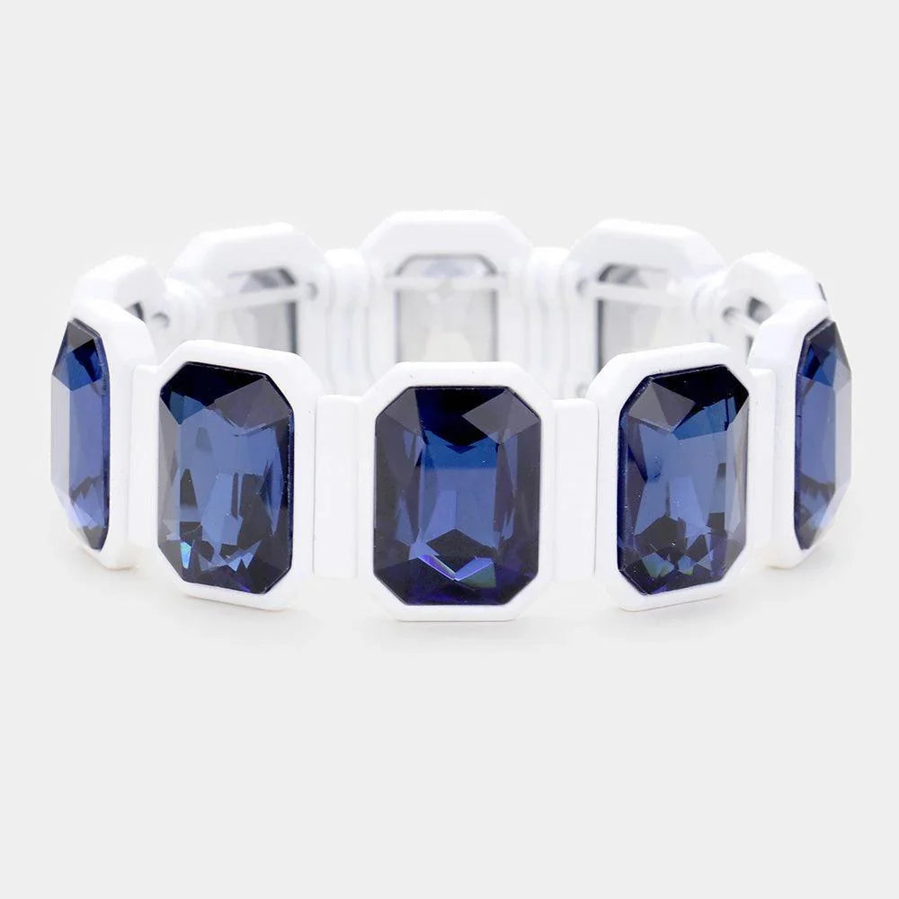 White Emerald Cut Glass Crystal Resin Bezel Stretch Bracelet - Jewelry Store by Erik Rayo