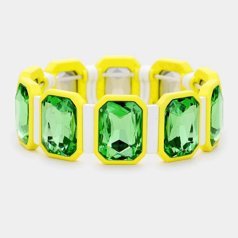 Yellow Emerald Cut Glass Crystal Resin Bezel Stretch Bracelet - Jewelry Store by Erik Rayo