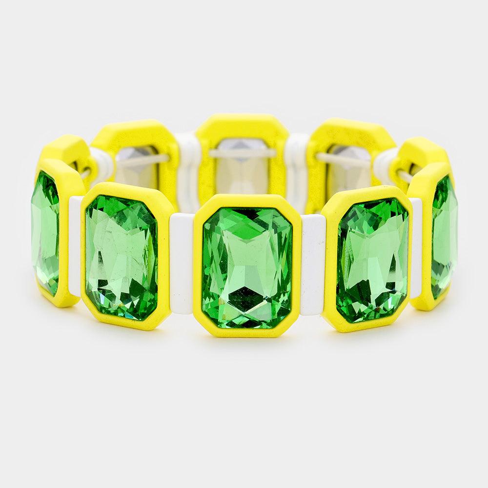 Yellow Emerald Cut Glass Crystal Resin Bezel Stretch Bracelet