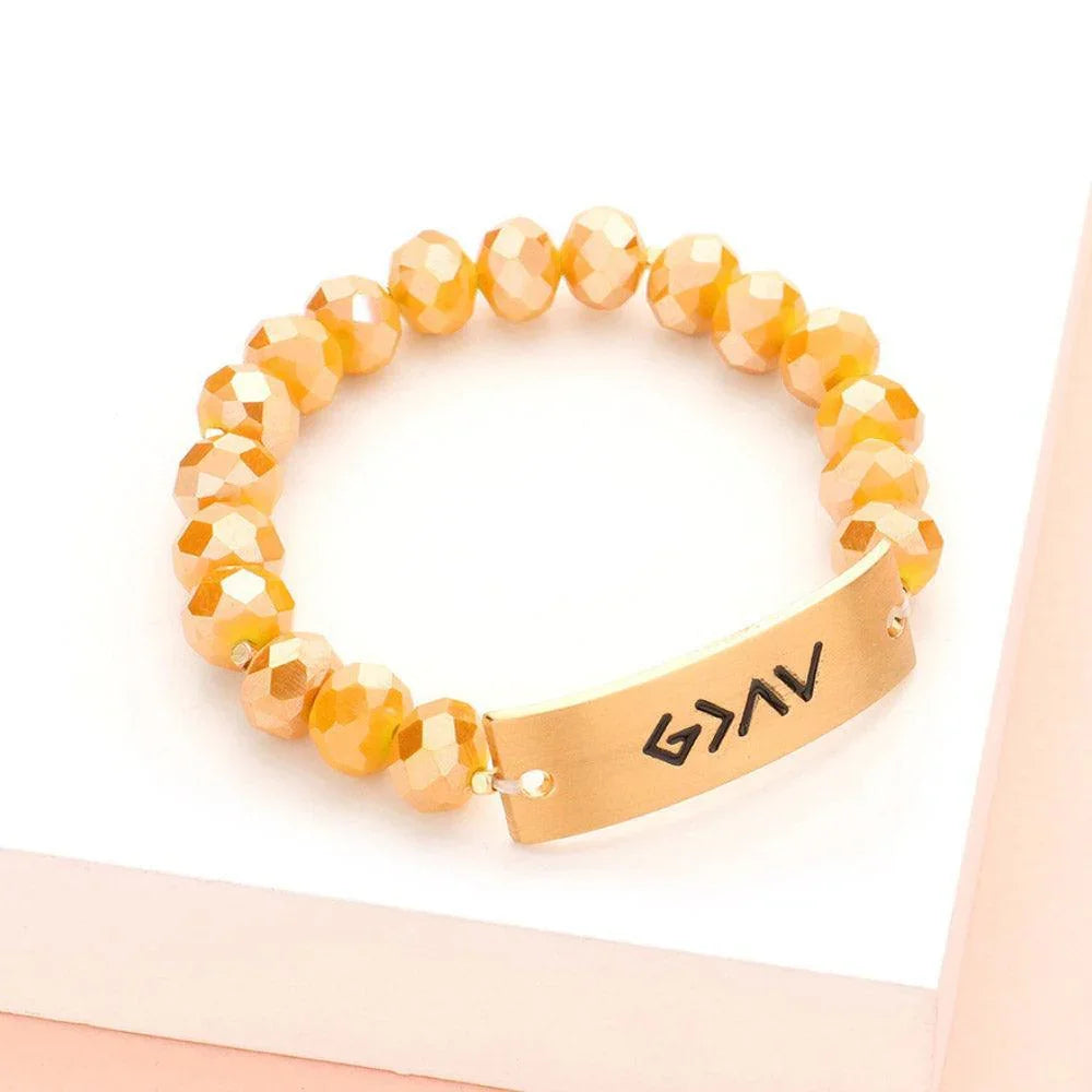 Mustard God is Greater Than The Highs And The Lows Metal Bar Faceted Beaded Stretch Bracelet - Jewelry Store by Erik Rayo