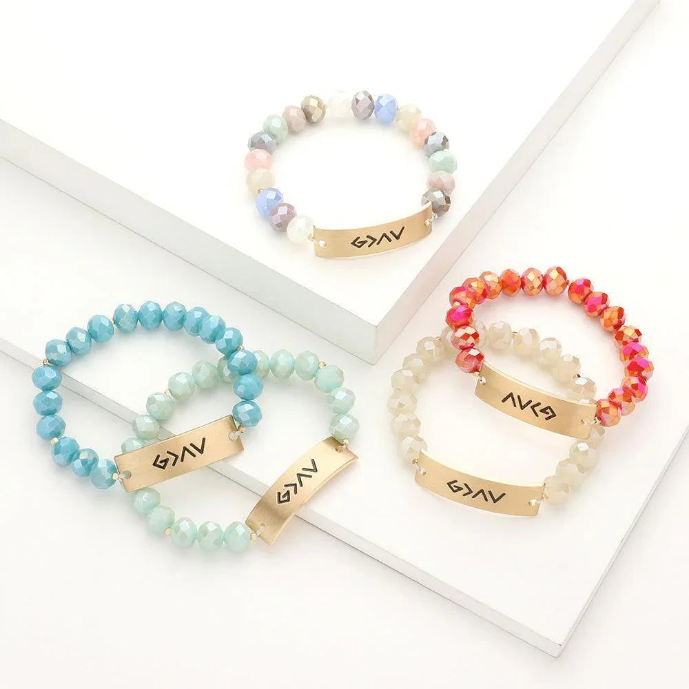 Mustard God is Greater Than The Highs And The Lows Metal Bar Faceted Beaded Stretch Bracelet - Jewelry Store by Erik Rayo