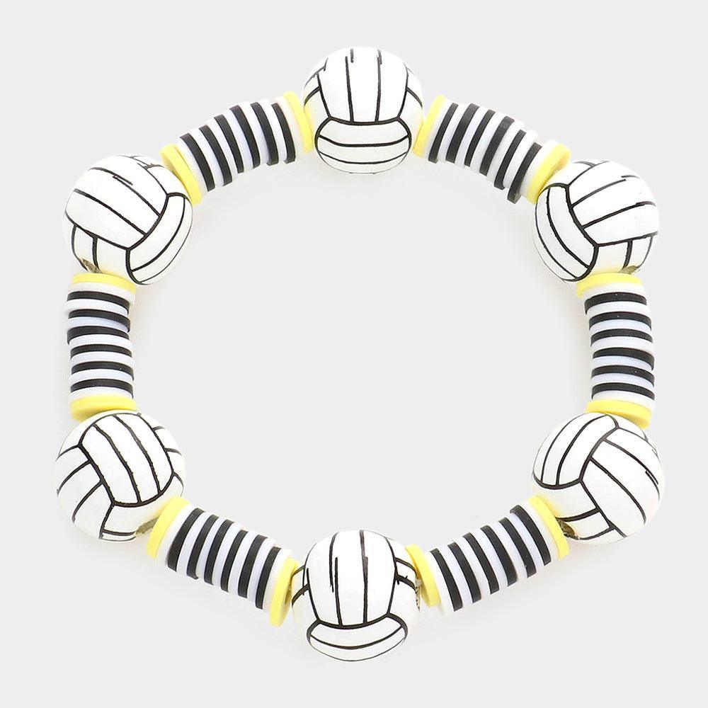 White Volleyball Accented Heishi Beaded Stretch Bracelet