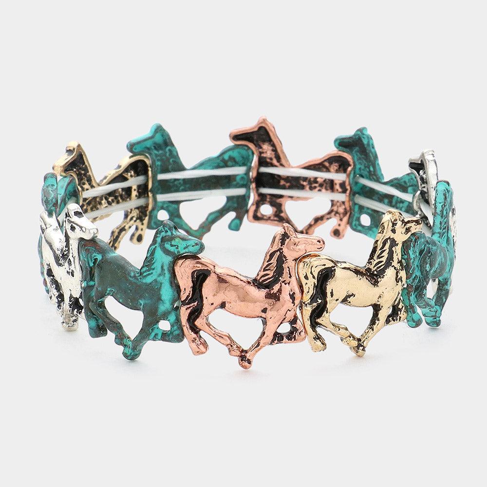 Burnished Metal Horse Link Stretch Bracelet - Jewelry Store by Erik Rayo