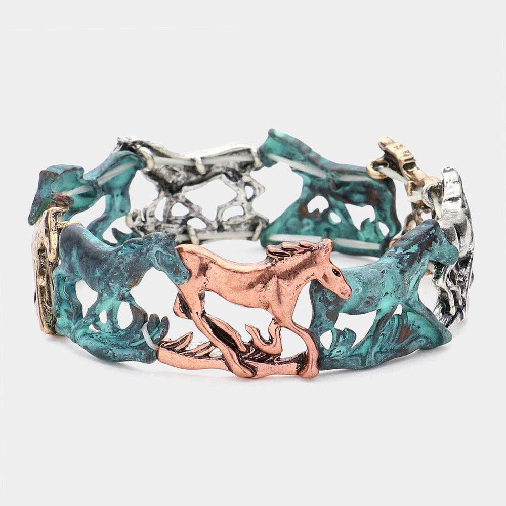Burnished Metal Horse Link Stretch Bracelet - Jewelry Store by Erik Rayo