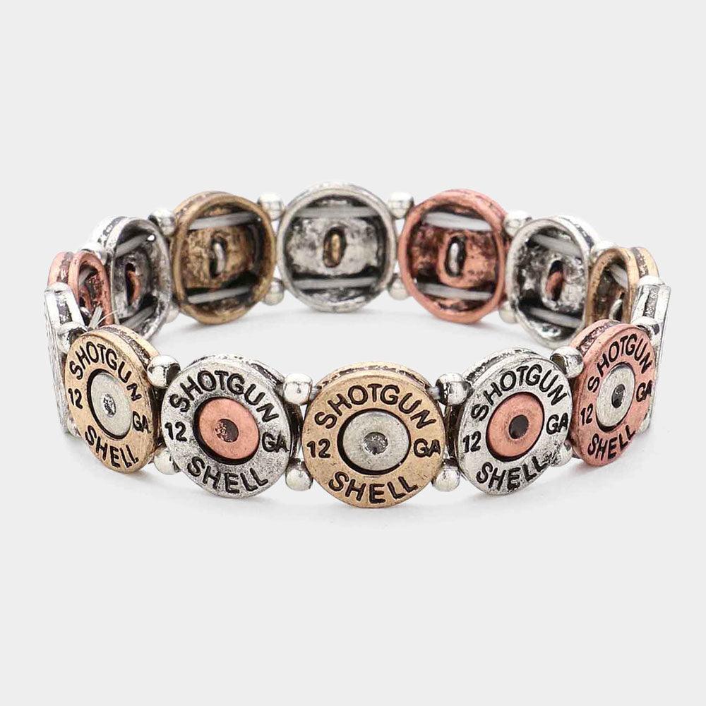 Burnished Metal Shot Gun Shell Message Round Link Stretch Bracelet - Jewelry Store by Erik Rayo