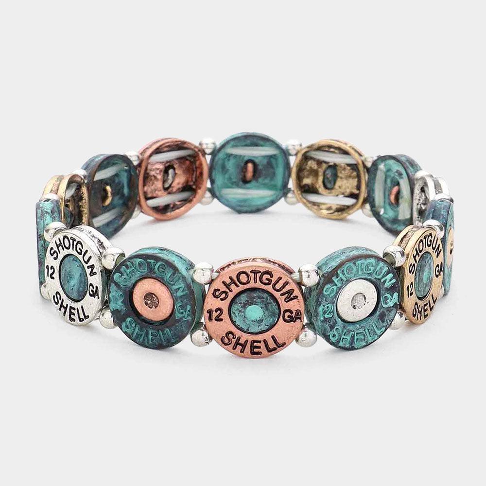 Burnished Metal Shot Gun Shell Message Round Link Stretch Bracelet - Jewelry Store by Erik Rayo