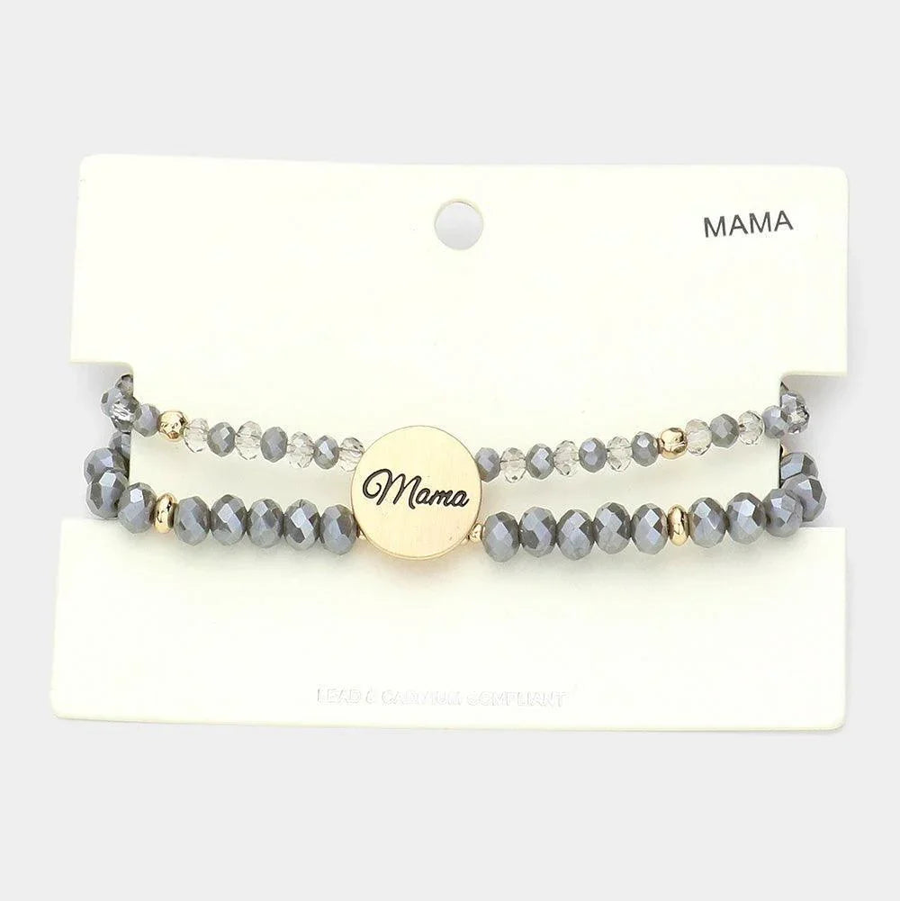 Gray mama Metal Disc Message Charm Faceted Beaded Stretch Bracelet - Jewelry Store by Erik Rayo