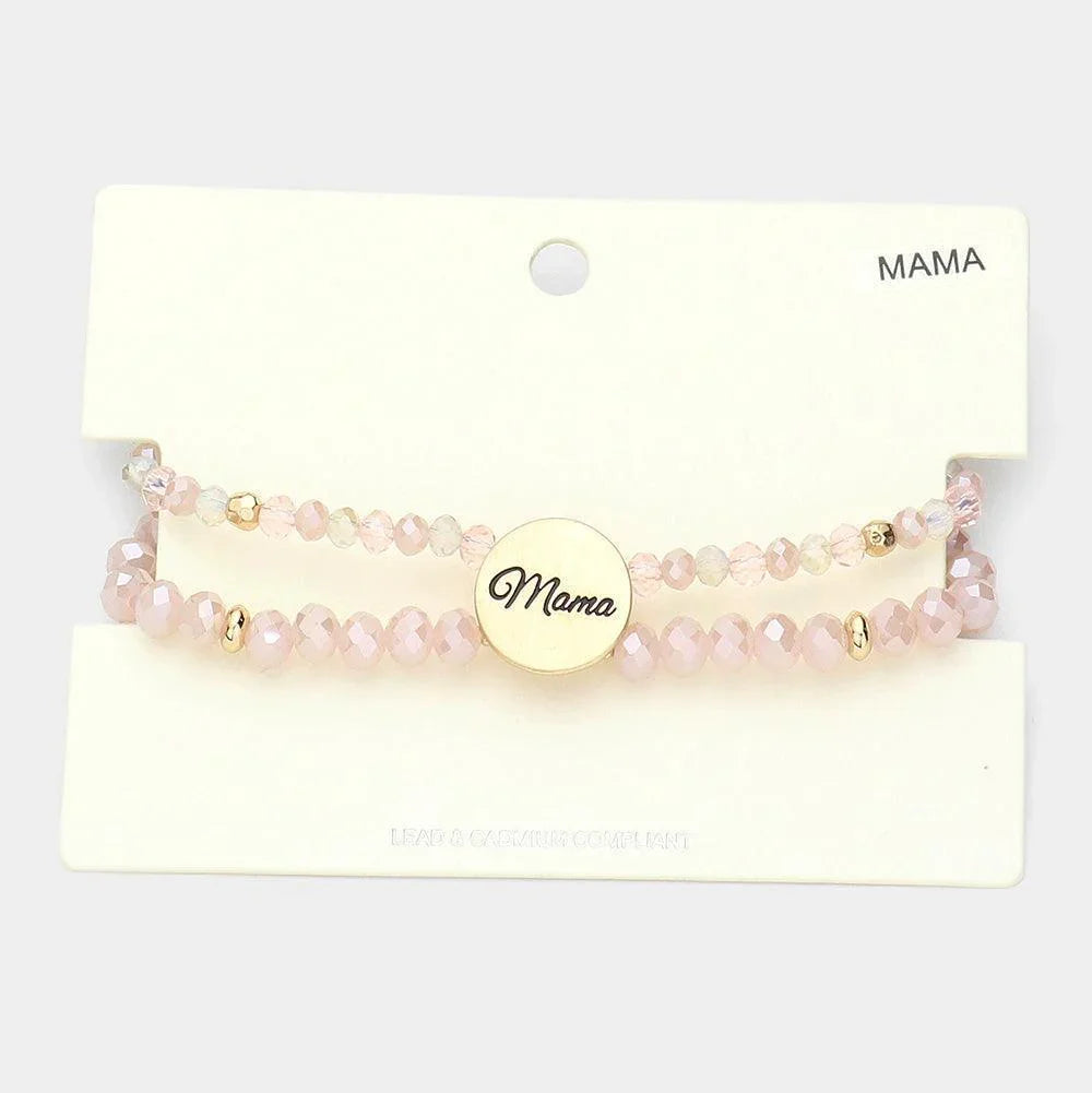 Pink mama Metal Disc Message Charm Faceted Beaded Stretch Bracelet - Jewelry Store by Erik Rayo