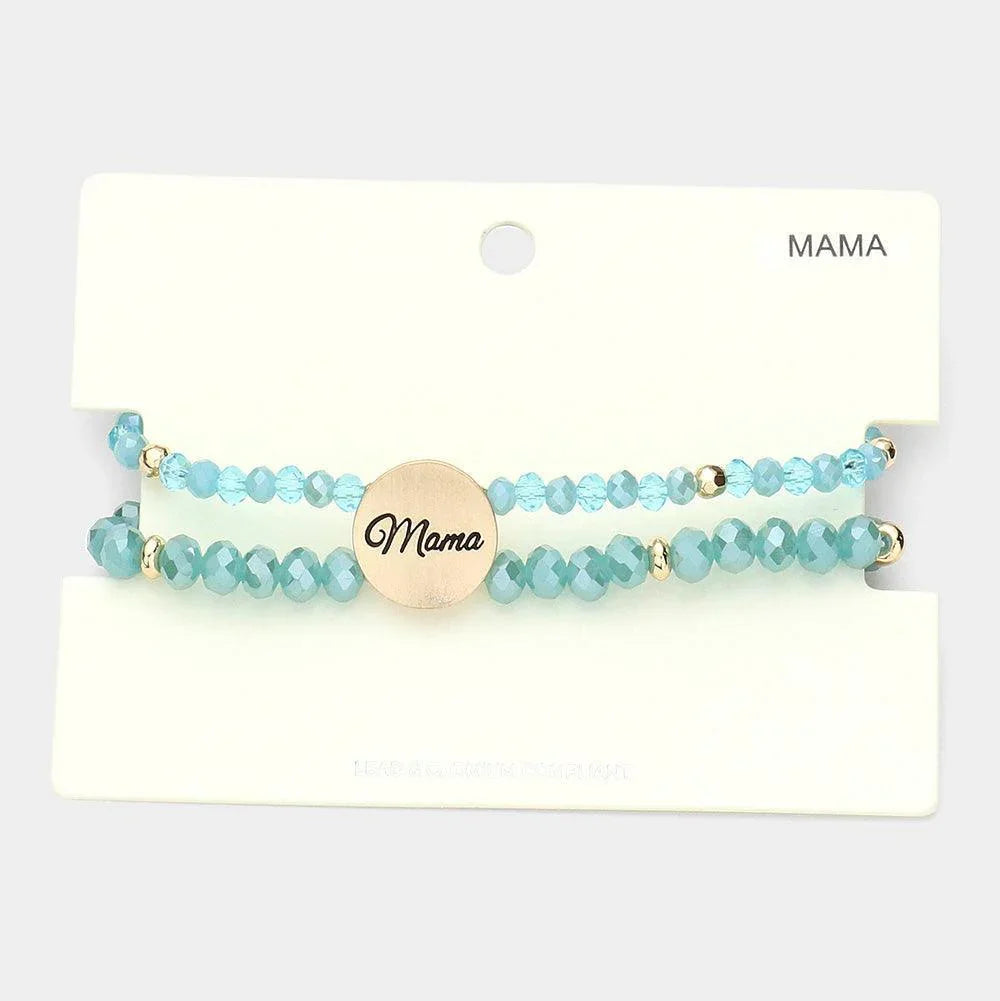 Turquoise mama Metal Disc Message Charm Faceted Beaded Stretch Bracelet - Jewelry Store by Erik Rayo