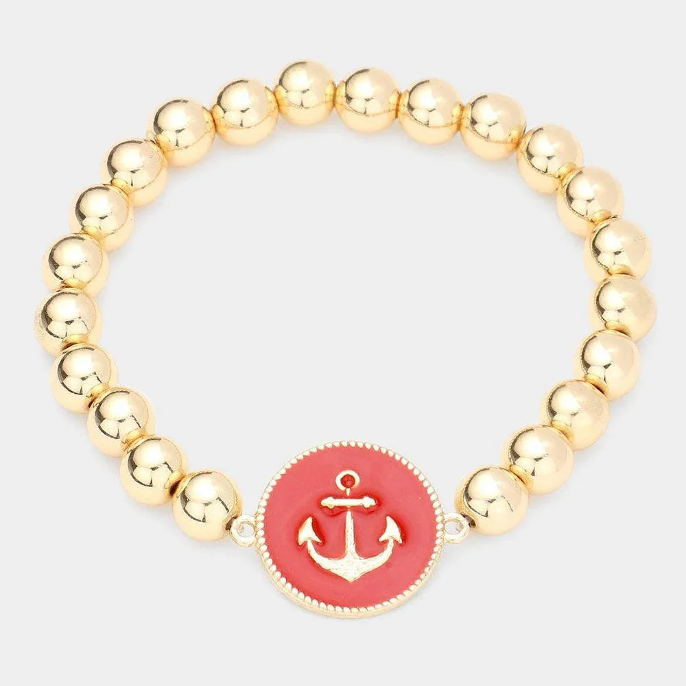 Red Anchor Accented Enamel Round Charm Metal Ball Stretch Bracelet - Jewelry Store by Erik Rayo