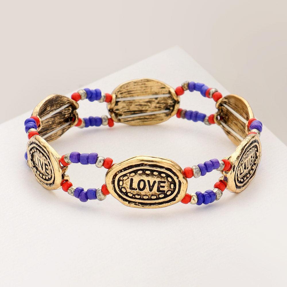 Blue LIVE LAUGH LOVE Message Pendant Accented Beads Stretch Bracelet - Jewelry Store by Erik Rayo