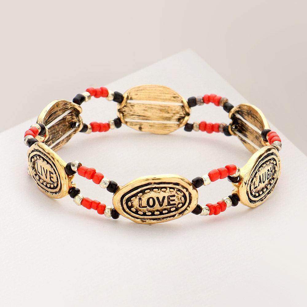 Coral LIVE LAUGH LOVE Message Pendant Accented Beads Stretch Bracelet - Jewelry Store by Erik Rayo
