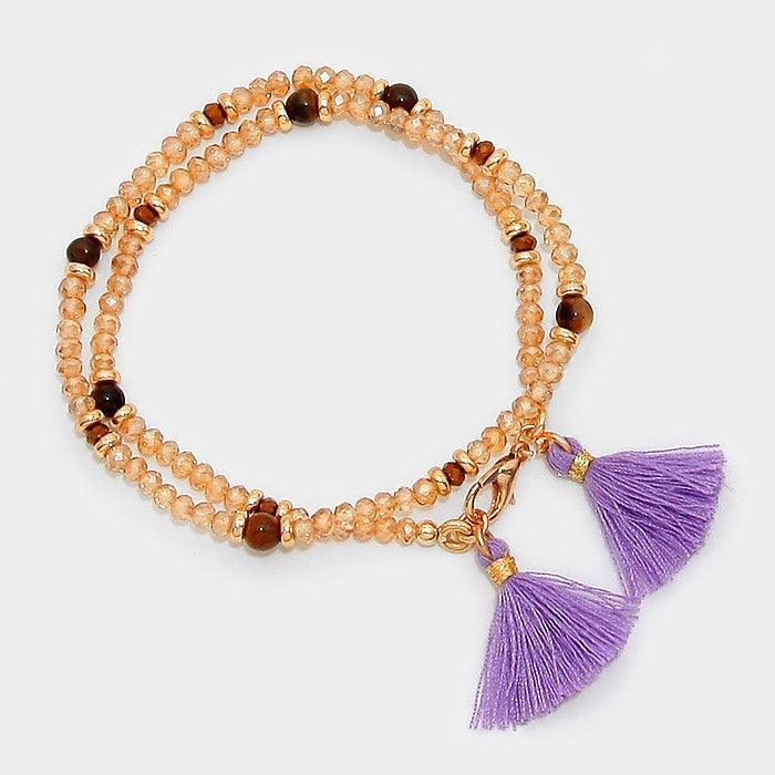Gold Beaded wrap stretch bracelet with double tassel charms - Jewelry Store by Erik Rayo