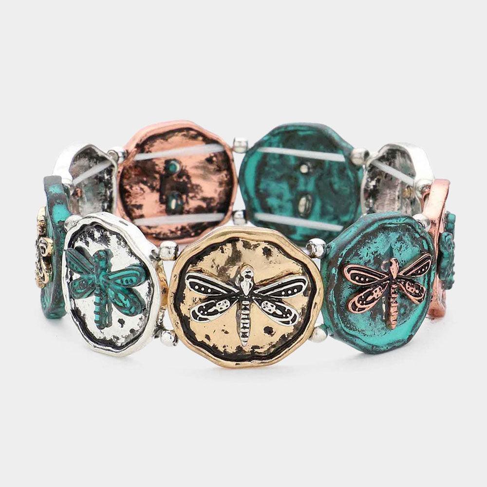 Dragonfly Pointed Burnished Metal Disc Link Stretch Bracelet - Jewelry Store by Erik Rayo