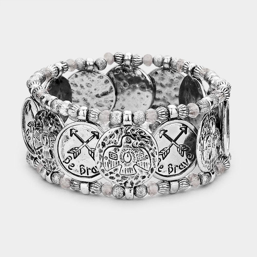 "Be Brave" Arrow & Aztec Bird Disc Stretch Bracelet - Jewelry Store by Erik Rayo