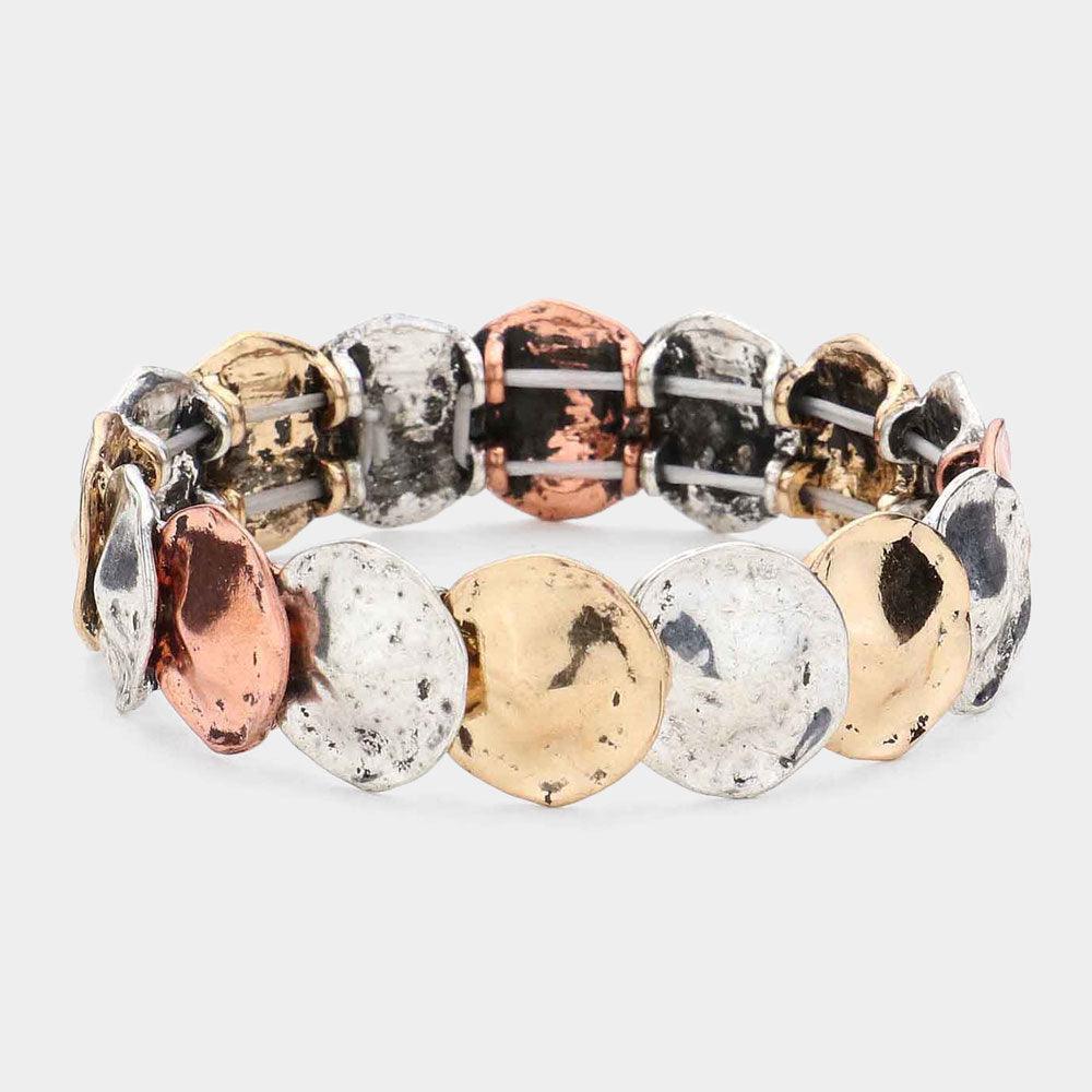 Burnished Textured Metal Disc Link Stretch Bracelet - Jewelry Store by Erik Rayo