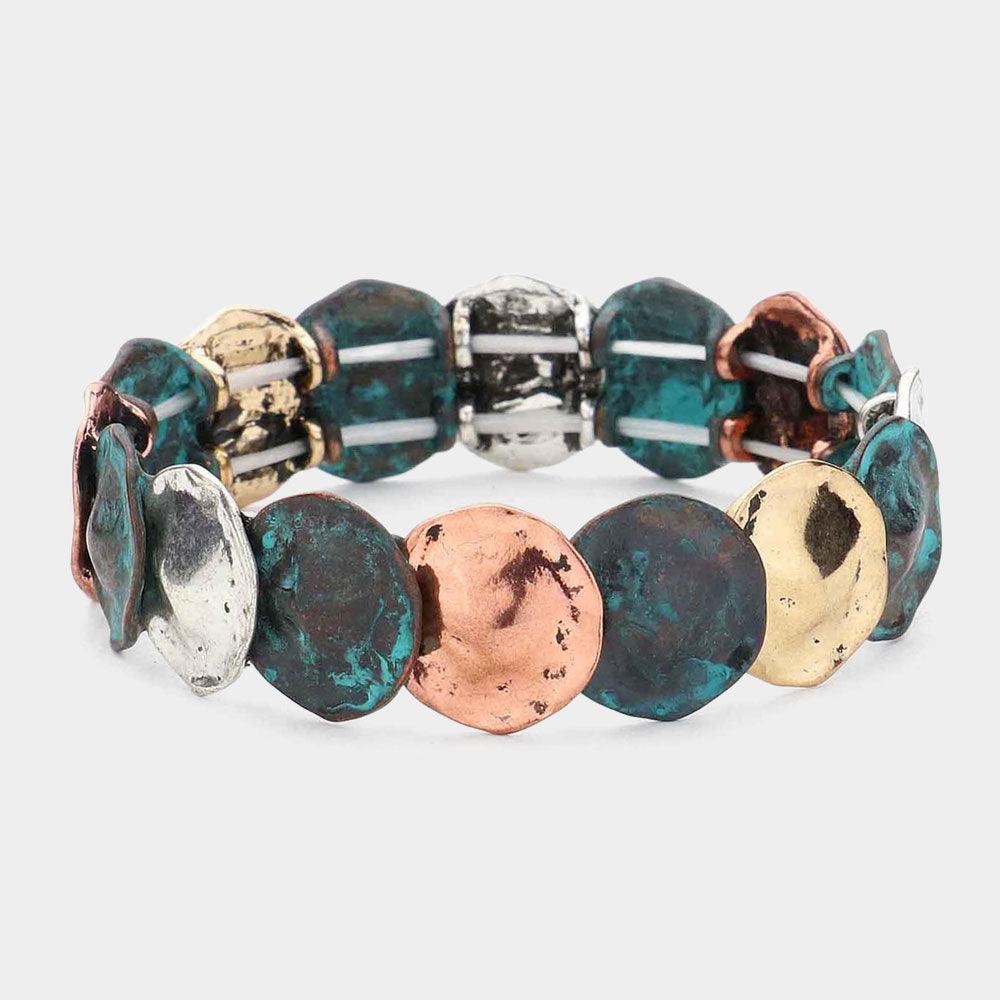 Burnished Textured Metal Disc Link Stretch Bracelet - Jewelry Store by Erik Rayo