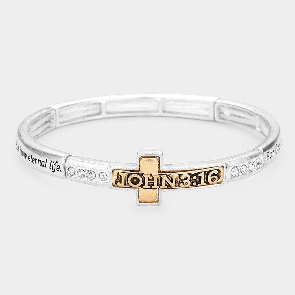 Two Tone John 3:16 Message Cross Accented Stretch Bracelet - Jewelry Store by Erik Rayo