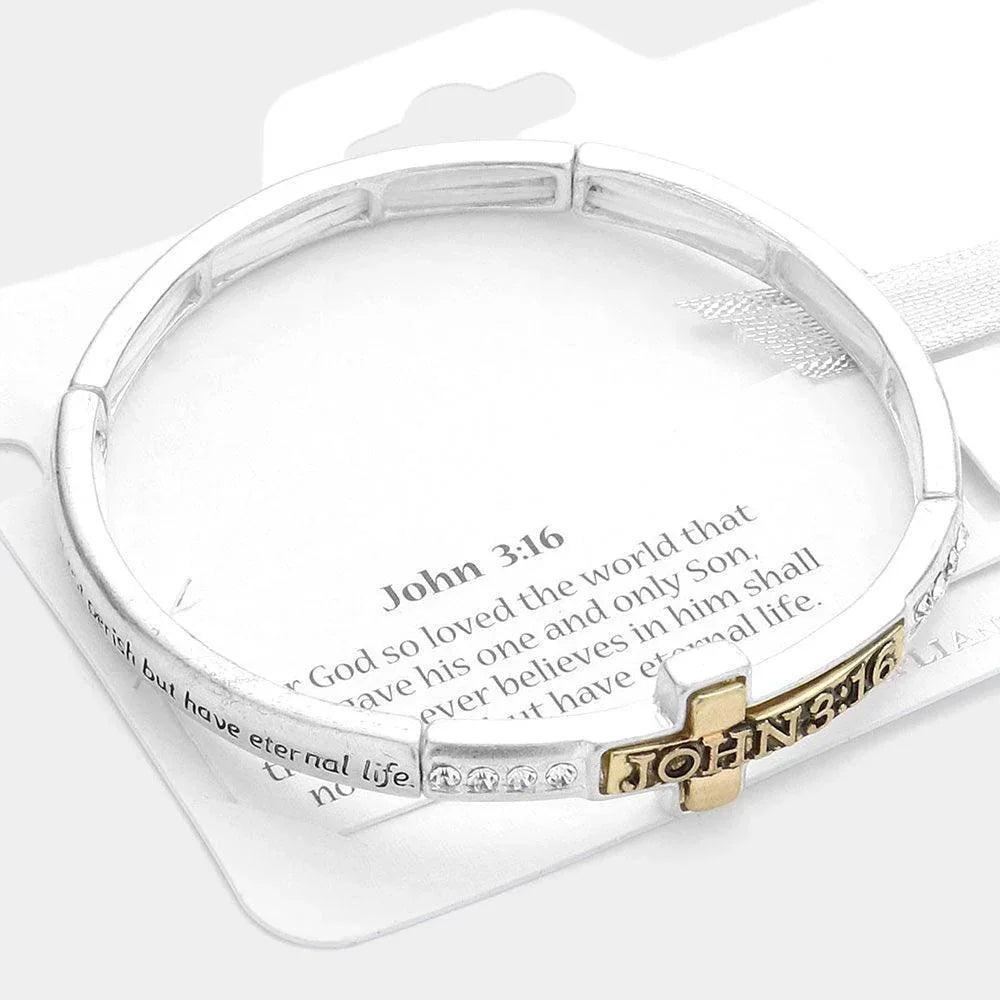 Two Tone John 3:16 Message Cross Accented Stretch Bracelet - Jewelry Store by Erik Rayo