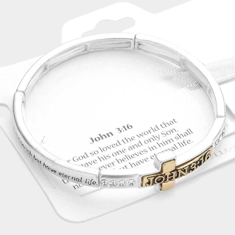 Two Tone John 3:16 Message Cross Accented Stretch Bracelet