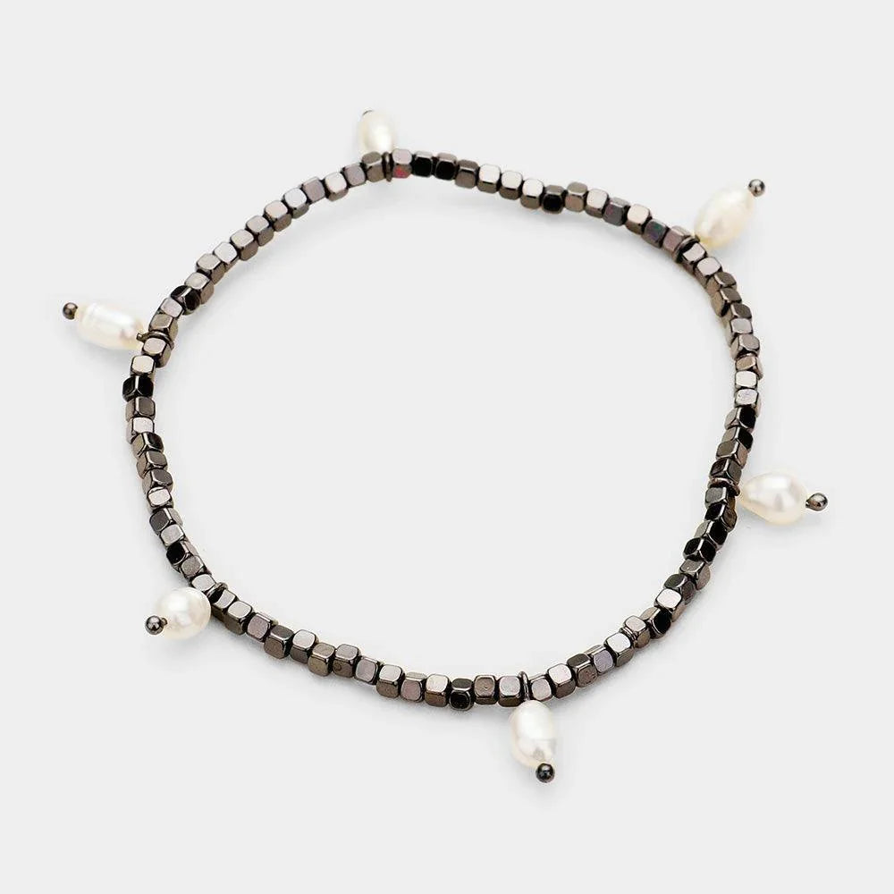 Hematite Metal Bead Pearl Stretch Bracelet - Jewelry Store by Erik Rayo