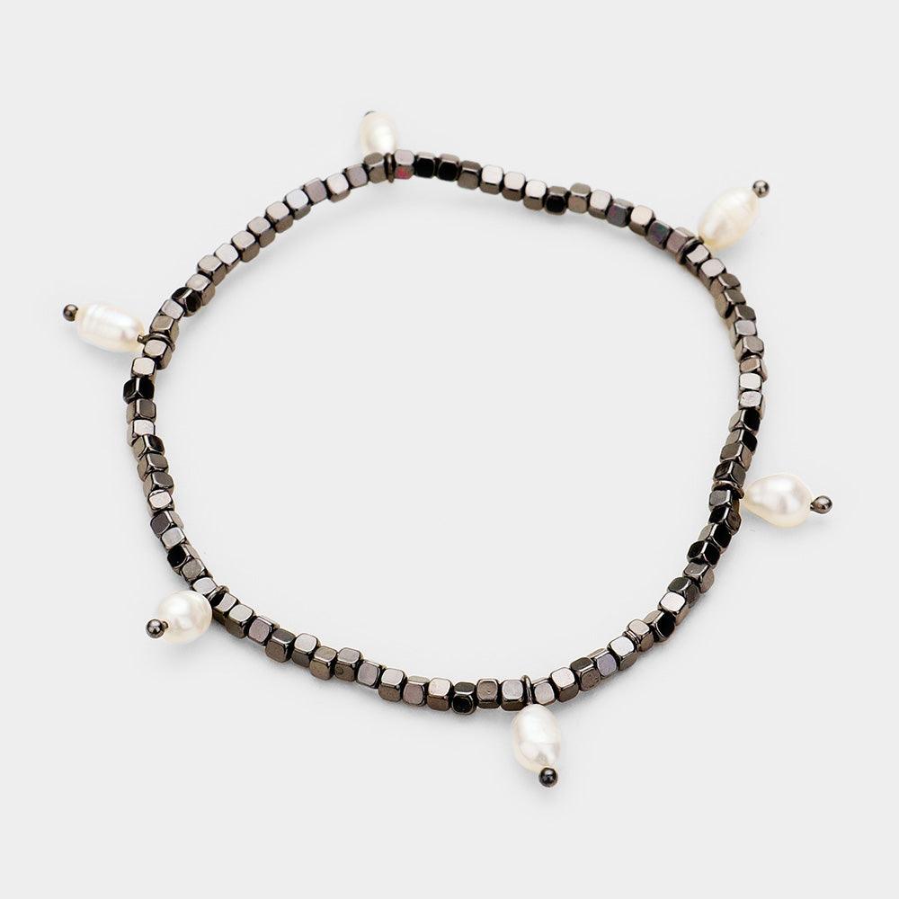 Hematite Metal Bead Pearl Stretch Bracelet