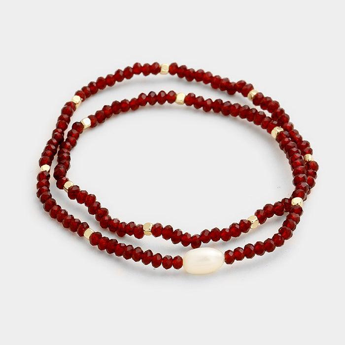 Burgundy Fresh Water Pearl Accented Wrap Stretch Bracelet