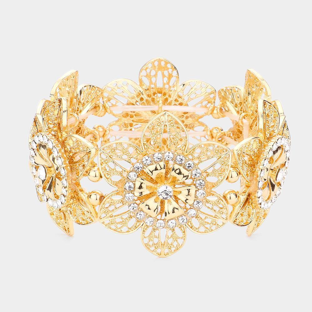 Gold Rhinestone Embellished Cut Out Metal Flower Stretch Bracelet - Jewelry Store by Erik Rayo