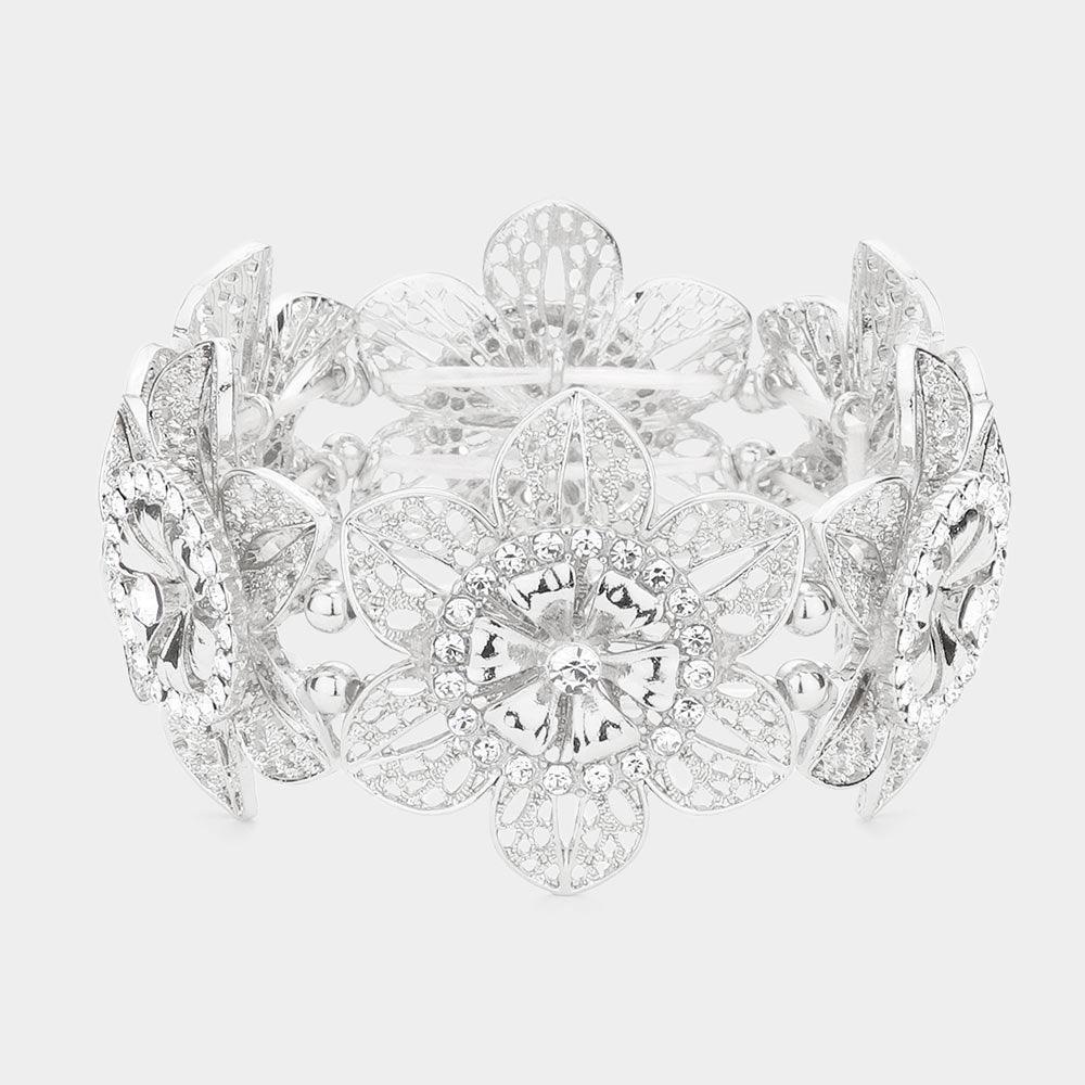 Rhinestone Embellished Cut Out Metal Flower Stretch Bracelet - Jewelry Store by Erik Rayo