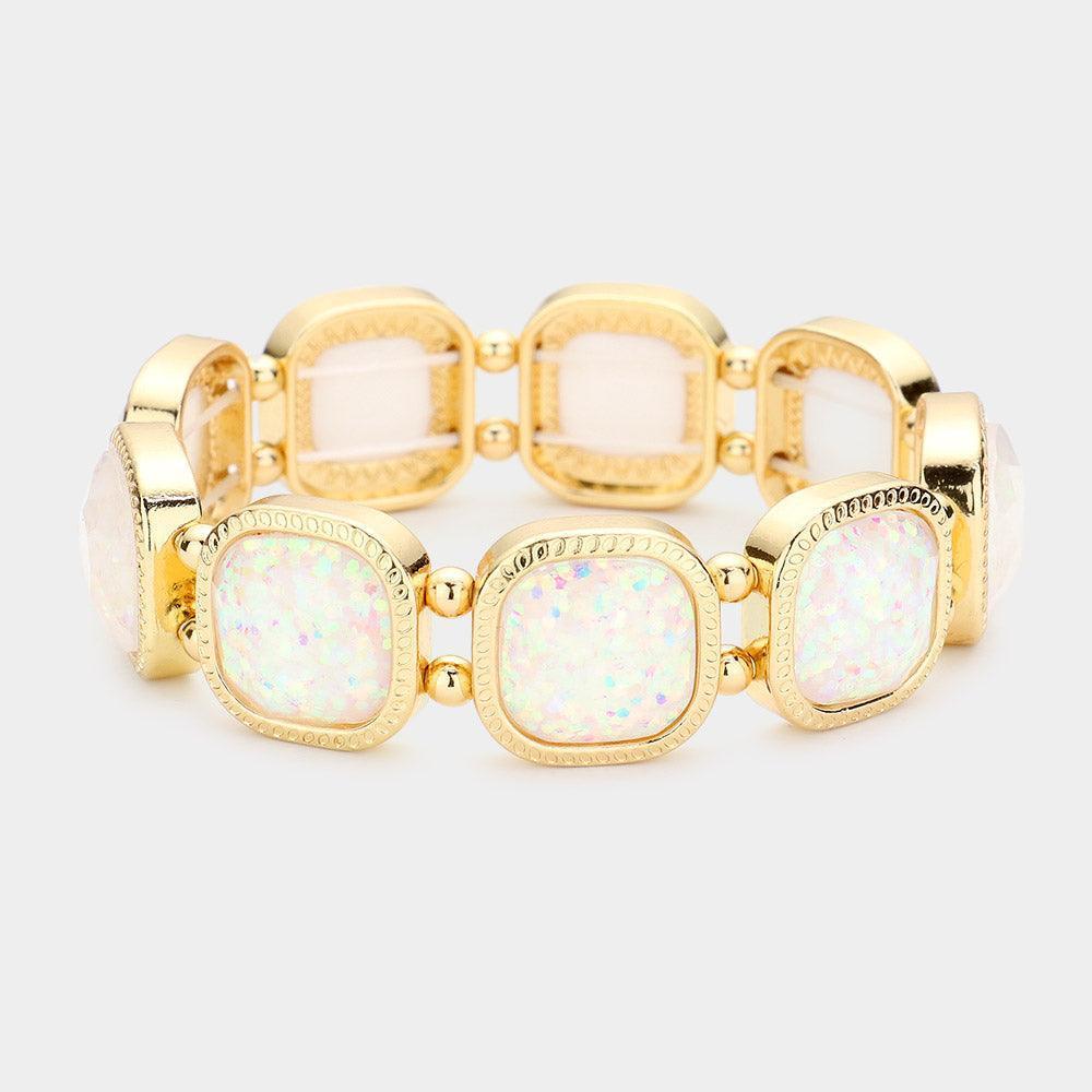 White Glittered Square Stretch Bracelet - Jewelry Store by Erik Rayo