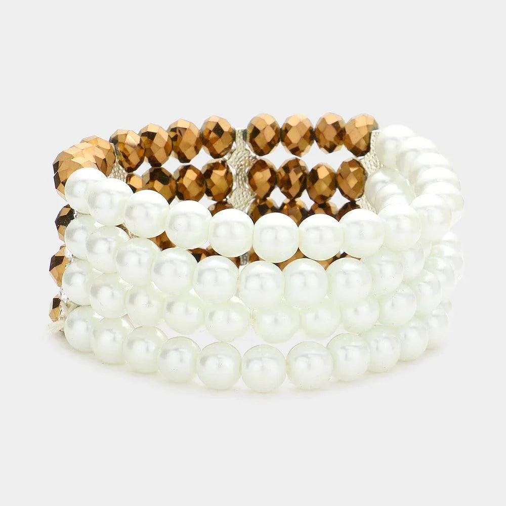 Brown Two Tone Pearl Glass Bead Stretch Bracelet - Jewelry Store by Erik Rayo